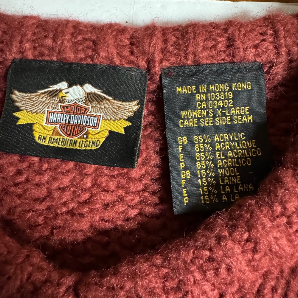 Harley Davidson Womens Burgundy Knit V Neck Sweater Rib bed Size XL wool blend - Picture 4 of 7